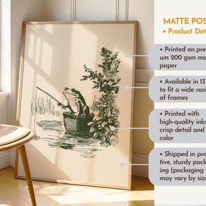 Hand drawn poster of a fishing frog sitting in a bucket by the water, ink drawing with vintage line art style, frog wall art for lake house decor, cabin decor, and fishing wall art.