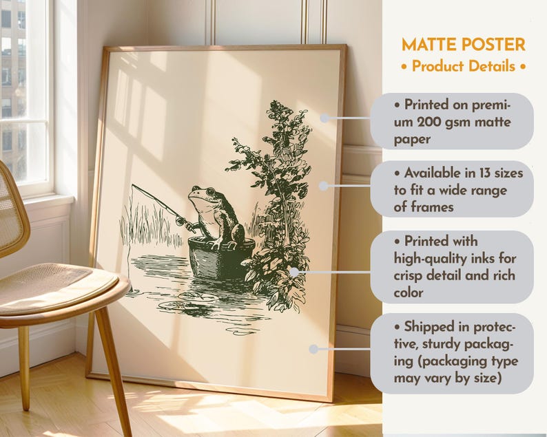 Hand drawn poster of a fishing frog sitting in a bucket by the water, ink drawing with vintage line art style, frog wall art for lake house decor, cabin decor, and fishing wall art.
