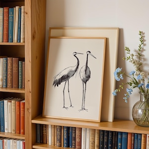 Kraniche Kunstdruck Minimalistische Vögel druckbare Kunst Kranich Bleistiftskizze Natur-Wanddekor Eleganter Kunstdruck Schwarzweiss-Seehaus-Wandkunst