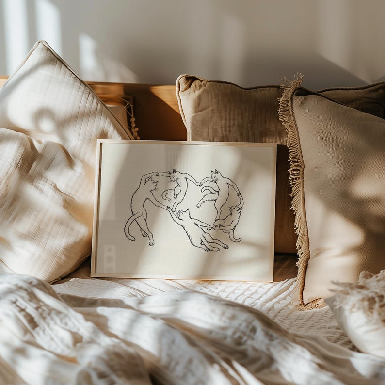 Physical matte paper art print featuring five hand drawn minimalist line art cats dancing in a circle, a funny modern cat poster parody inspired by Matisse. Black and white unframed sketchy pet print for girl apartment decor, scandi style wall art, and cozy bedroom layouts.