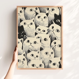 Funny Black and White Cat Art Print – Quirky Cats Illustration, Minimalist Cat Wall Decor, Funny Bathroom Wall Art, Digital Download