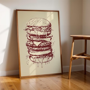 Retro Burger Print Hamburger Wall Art Printable Retro Food Art Cheeseburger Print Foodie Wall Art Vintage  Kitchen Nook Decor Bar Pub Print