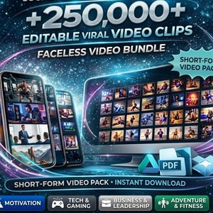 May include: Digital marketing bundle graphic with the text "+250,000+ EDITABLE VIRAL VIDEO CLIPS." The image shows a computer monitor and smartphones displaying video clips. Icons for Motivation, Tech & Gaming, Business & Leadership, and Adventure & Fitness are also present.