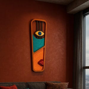 Abstract Face Wall Art – Colorful Eye and Lips Sculpture – Mid-Century Geometric Wall Hanging – Bold Pop Art Home Decor – Handmade Wood Art