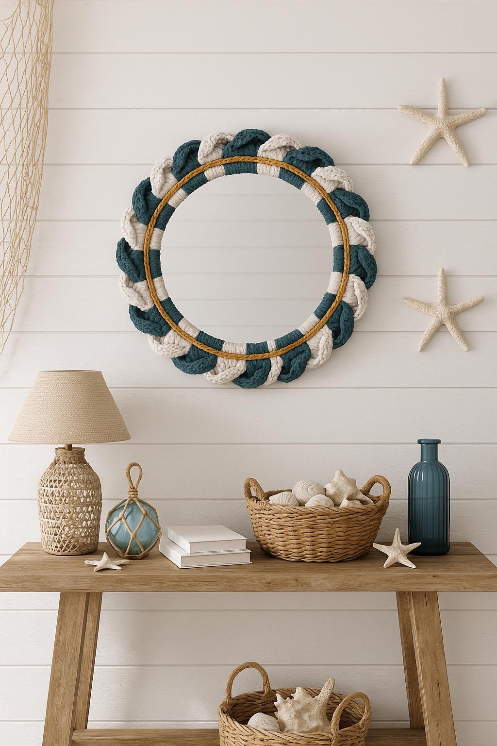 Specchio in corda costiera / Specchio da parete rotondo con cornice intrecciata blu e bianca / Decorazione boho nautica / Specchio decorativo fatto a mano