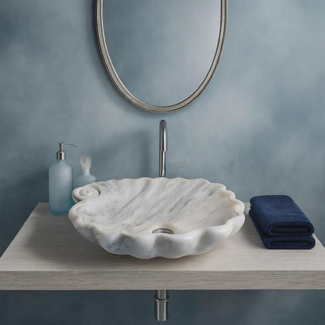 Shell Like Sink Luxury Marble Vessel Sink – Hand-carved Shell Design Natural Stone ...