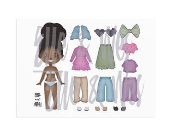 Printable Paper Doll, Digital Instant Download, Dress Up Activity, Black Girls Fashion Doll, Black Paper Doll African American busy book