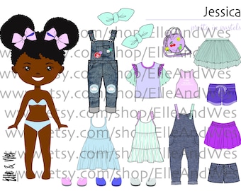 Jess Black Girls Printable Paper doll - Digital instant download, dress up, cut out doll, busy book activity, fashion girl natural hair 5+