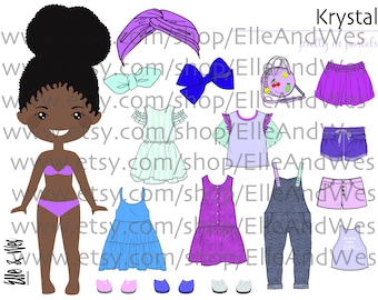 Krystal Black Girl Printable Paper doll - Digital instant download, dress up, cut out doll, busy book activity, fashion girl natural hair 5+