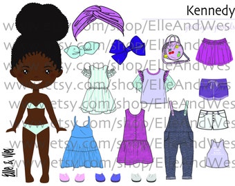 Kennedy Black Girl Printable Paper doll - Digital instant download, dress up, cut out doll, busy book activity, fashion girl natural hair 5+