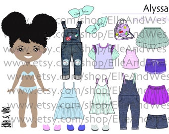 Alyssa Black Girls Printable Paper doll - Digital instant download, dress up, cut out doll, busy book activity, fashion girl natural hair 5+