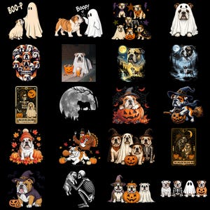 Puede incluir: Una colección de veinte ilustraciones digitales que presentan bulldogs ingleses en varias escenas temáticas de Halloween, incluyendo perros disfrazados de fantasmas, con sombreros de bruja, sentados en calabazas e interactuando con esqueletos.