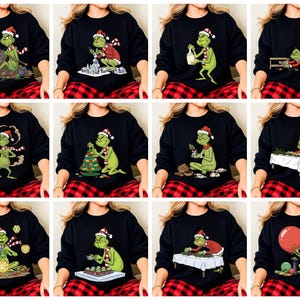 Puede incluir: Sudaderas negras de cuello redondo con varios diseños navideños temáticos del Grinch. El Grinch se representa en diferentes escenas, con un gorro y bufanda de Papá Noel, e interactuando con elementos navideños. Las sudaderas se combinan con pantalones de pijama a cuadros rojos y negros.