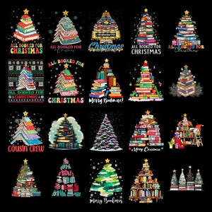 Puede incluir: Una colección de diseños de árboles de Navidad, cada uno elaborado con pilas de libros. Los árboles presentan varios colores y estilos, con superposiciones de texto que incluyen "All Booked For Christmas", "Merry Bookmas" y "Cousin Crew". Una estrella corona cada árbol.