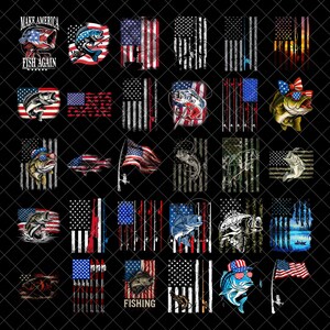 Puede incluir: Colección de diseños patrióticos con temática de pesca. Cada diseño presenta la bandera estadounidense, cañas de pescar e ilustraciones de peces. Algunos diseños incluyen texto como "Make America Fish Again" y "Fishing".