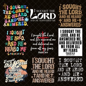 I Sought The Lord And He Heard Me PNG Bundle, Psalm 34:4 Bible Verse Digital Download, Christian Faith Religious Quote Sublimation Clipart