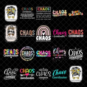 Puede incluir: Una colección de diseños coloridos de "Chaos Coordinator" sobre un fondo negro. Los diseños incluyen texto, gráficos de arcoíris e imágenes de una mujer con gafas de sol y un moño. Algunos diseños incluyen definiciones.