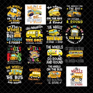 Puede incluir: Una colección de diseños de autobuses escolares amarillos con el texto "The Wheels on the Bus Go Round & Round". Cada diseño presenta una ilustración diferente de un autobús escolar, con diferentes fuentes y diseños. El fondo es negro.