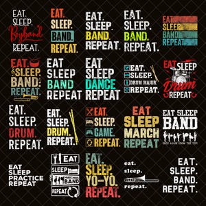 Puede incluir: Un fondo negro presenta varios diseños de texto multicolores. Se muestran las frases "Comer, Dormir, Banda, Repetir" y variaciones similares. Algunos diseños incluyen instrumentos musicales y las palabras "Boyband" y "Batería".
