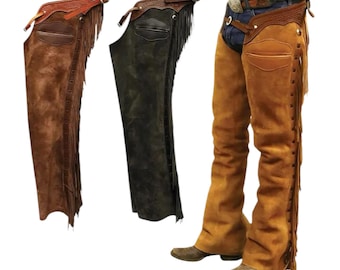 Chaparreras de ante estilo vaquero occidental para hombre: chaparreras de rodeo con flecos hechas a mano
