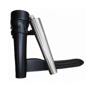 May include: A stainless steel flask with a black leather carrying case and belt loop. The flask is cylindrical and has a silver cap. The leather case is black and has a buckle closure. The belt loop is also black.