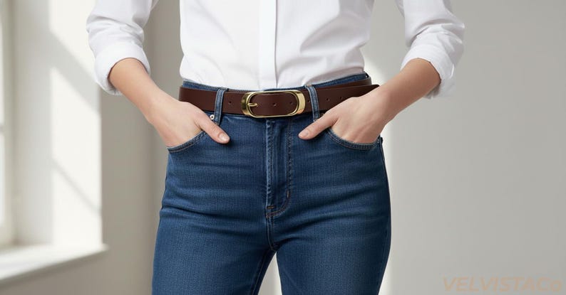 May include: A brown leather belt with a gold-colored oval buckle is worn with blue jeans and a white button-down shirt. The belt is approximately 1.5 inches wide. The person's hands are in the pockets of the jeans.