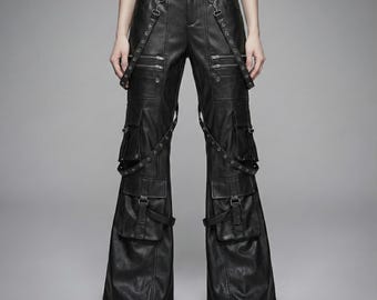 Black Leather Cargo Pants with Straps | Gothic Techwear Trousers | Punk Rave Alt Streetwear Pants