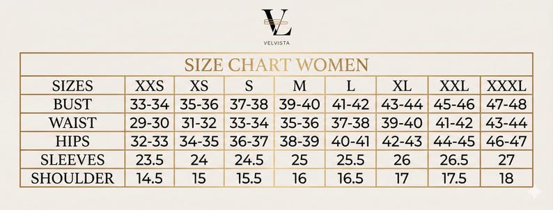 May include: A size chart for women's clothing, featuring measurements for bust, waist, hips, sleeves, and shoulder. Sizes range from XXS to XXXL, with measurements in inches. The chart includes the brand logo "VELVISTA".