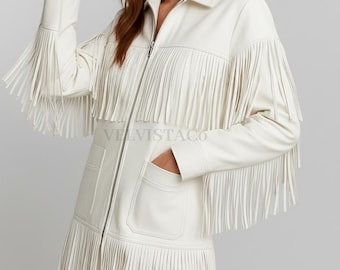 White Bride Fringe Leather Jacket, Western Bachelorette Party Wear, Cowgirl Festival Coat