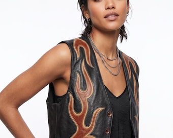 Flame Leather Vest Women, Black Genuine Leather Waistcoat with Tribal Applique, Biker Moto Western Gothic Sleeveless Top