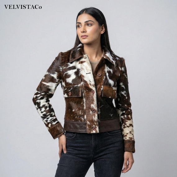 Women’s Cowhide Leather Jacket | Real Hair-On Hide Patchwork Coat | Handmade Western style