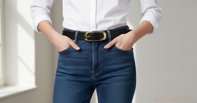 May include: A black leather belt with a gold-colored buckle is worn with blue jeans and a white button-down shirt. The buckle is oval-shaped. The person's hands are in the pockets of the jeans.