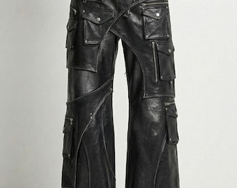 Black Leather Cargo Pants Women, High Waist Wide Leg, Gothic Streetwear Trousers