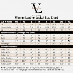 May include: A size chart for women's leather jackets, featuring measurements in inches for US, UK/Australia, and EU sizes. Includes body measurements for bust, waist, hips, and arm length, plus jacket measurements.