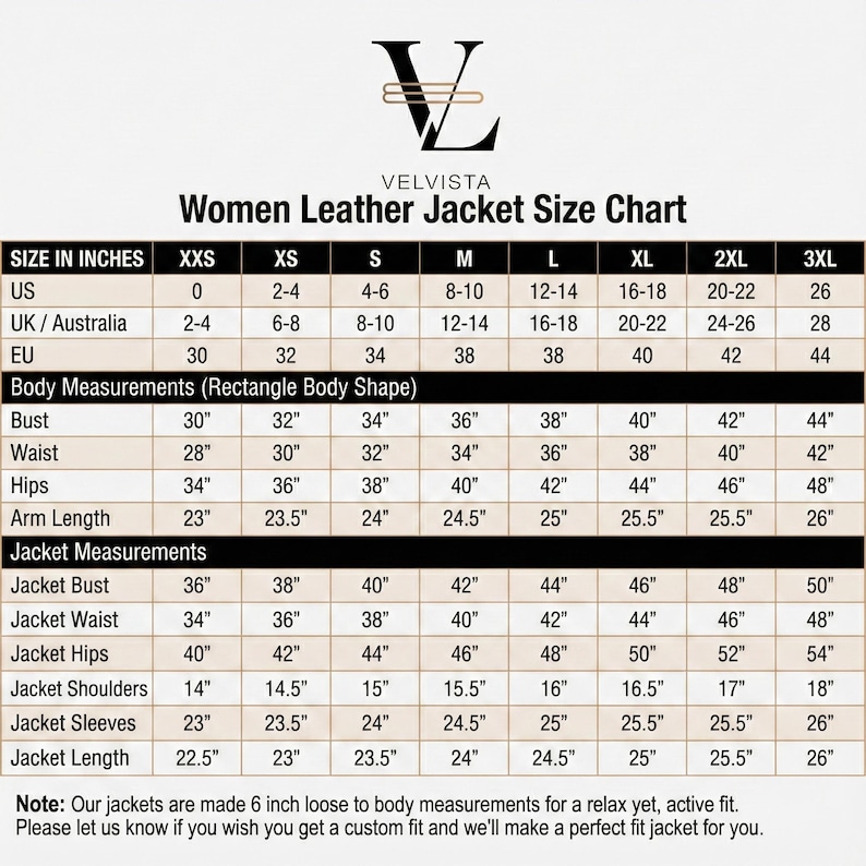 May include: A size chart for women's leather jackets, featuring measurements in inches for US, UK/Australia, and EU sizes. Includes body measurements for bust, waist, hips, and arm length, plus jacket measurements.