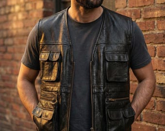 Herren Distressed Leathernutzweste | Vintage Cargo Weste