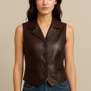 Pode incluir: Um colete de couro marrom escuro sem mangas com gola entalhada e fecho de três botões. O colete tem dois bolsos pequenos e um corte sob medida. A modelo está usando jeans azuis.