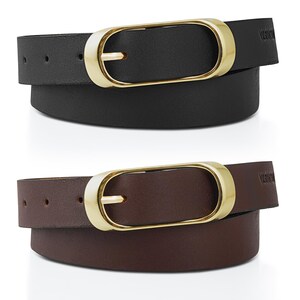 May include: Two leather belts, one black and one brown, each with a gold-colored oval buckle. The belts are shown coiled, with the buckle as the focal point. The leather appears smooth and the buckles are shiny.