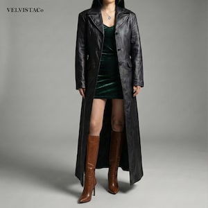 Women’s Black Leather Long Coat – Classic Button Front Trench Style Jacket, Elegant Streetwear Outerwear