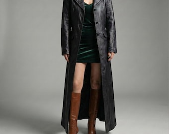 Women’s Black Leather Long Coat – Classic Button Front Trench Style Jacket, Elegant Streetwear Outerwear