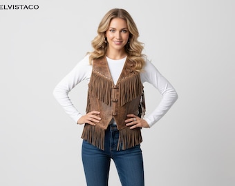 Handmade Brown Leather Fringe Vest, Western Cowgirl Style