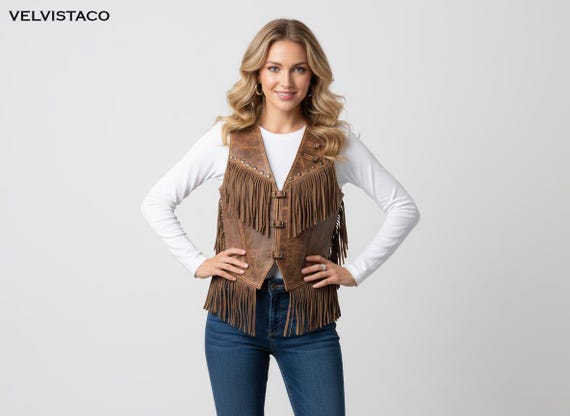 Handmade Brown Leather Fringe Vest, Western Cowgirl Style