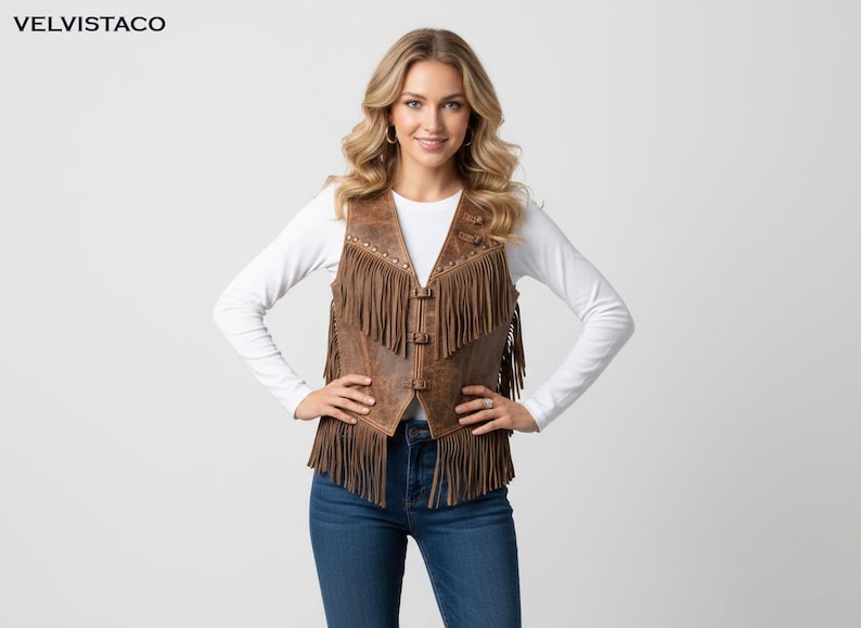 May include: Brown leather vest with fringe and stud details. The vest has a vintage look with a distressed finish and three buckle closures. The model is wearing a white long-sleeve shirt and blue jeans. The brand name "VELVISTACO" is in the top left corner.