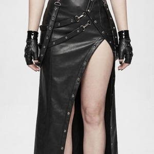 Gothic Leather Maxi | Harness Skirt with High Slit | Punk Grommet Skirt Buckle Belt | Festival Streetwear Handmade