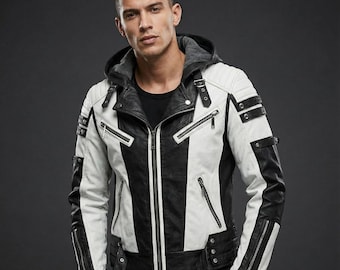 Peut inclure: Veste en cuir noire et blanche avec capuche. La veste présente une bande noire verticale au centre et des panneaux blancs sur les côtés. Elle possède plusieurs poches zippées et des sangles décoratives. Un vêtement d'extérieur élégant.
