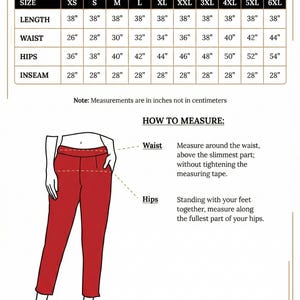 May include: A chart with pants measurements, including length, waist, hips, and inseam, in inches. Sizes range from XS to 6XL. The chart also includes instructions on how to measure the waist and hips.
