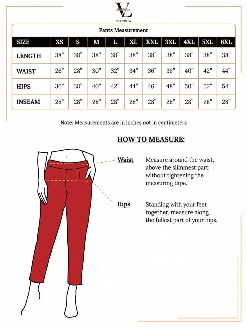 May include: A chart with pants measurements, including length, waist, hips, and inseam, in inches. Sizes range from XS to 6XL. The chart also includes instructions on how to measure the waist and hips.