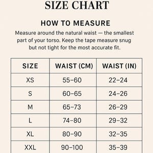 May include: Size chart for VELVISTACO leather corset belts. Includes waist measurements in centimetres and inches. Sizes range from XS (55-60 cm / 22-24 in) to XXL (90-100 cm / 35-39 in). Instructions on how to measure are included.