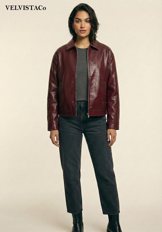 Women’s Burgundy Leather Jacket | Genuine Zip Jacket | Minimalist Casual Outerwear
