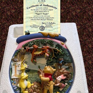 May include: A decorative plate depicting a scene from Winnie the Pooh, featuring Tigger, Pooh, Piglet, and Rabbit in a forest. The plate is jar-shaped with a blue rim. Includes a certificate of authenticity. The plate is a limited edition.